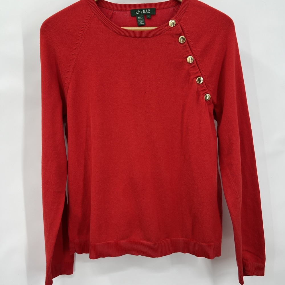 Lauren Ralph‎ Lauren Sweater Sz L Red Gold Buttons Long Sleeve Nautical Soft